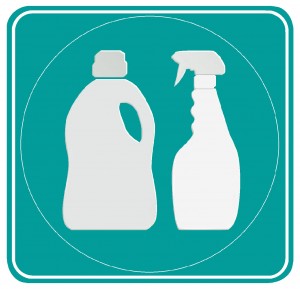 Household chemical bottles sign. Vector. Paper whitish icon with soft shadow on green background.